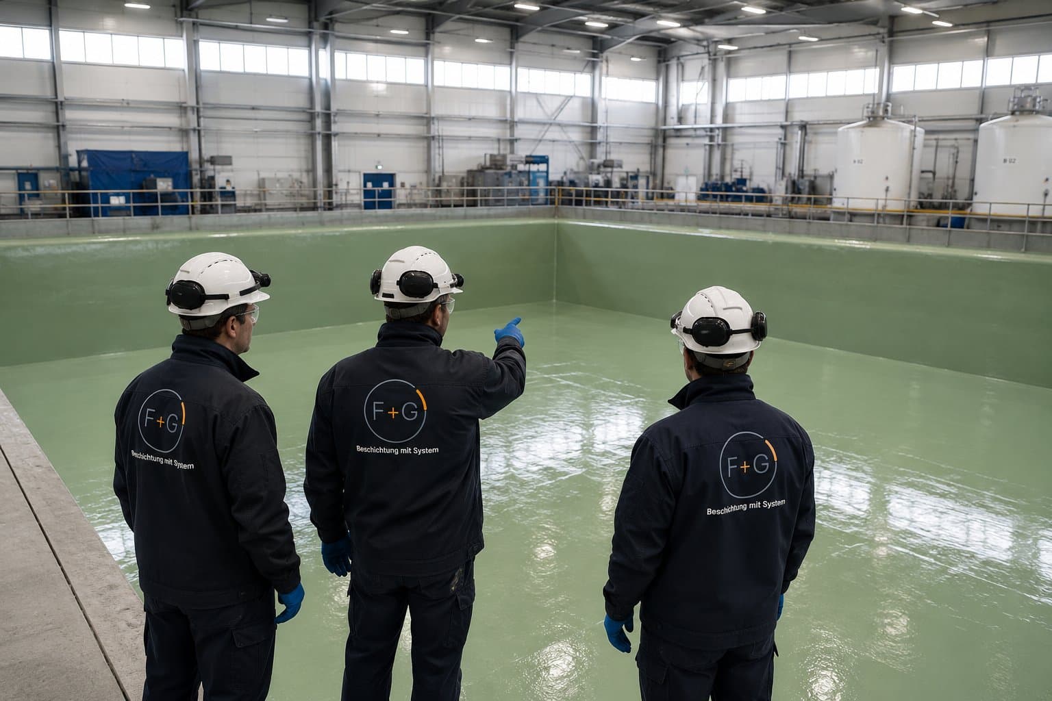 Drei F+G-Mitarbeiter am Rand eines fertig beschichteten, glänzend grünen Betonbeckens in einer Industriehalle