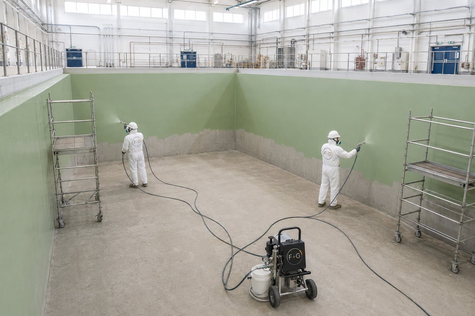 Zwei F+G-Mitarbeiter in Schutzanzügen tragen mit Airless-Sprühgeräten die grüne Schutzbeschichtung auf die Wände eines großen Betonbeckens auf, teils noch grauer Rohbeton sichtbar