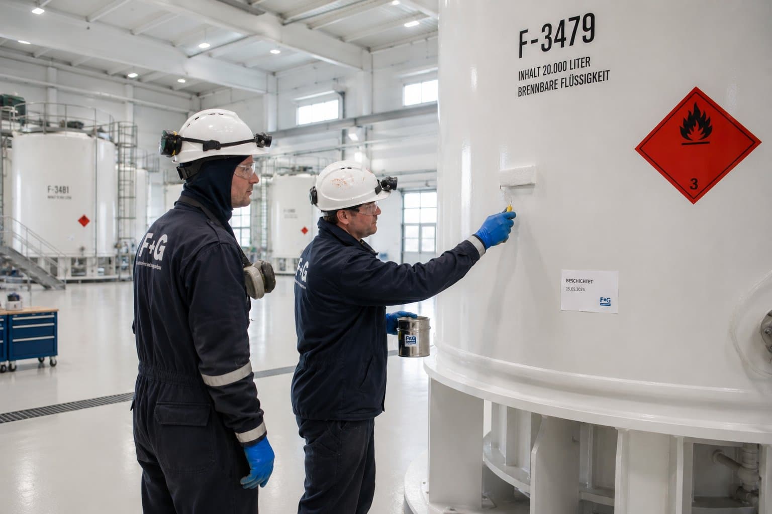 Zwei F+G-Mitarbeiter beschichten in einer Industriehalle einen Lagertank für brennbare Flüssigkeiten (Gefahrgutklasse 3, 20.000 Liter)
