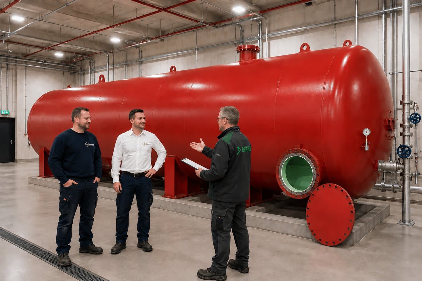 Sachverständiger bespricht mit dem F+G-Team den Prüfbefund an einer Sprinkleranlage – sanierter und neu beschichteter Druckluftwasserkessel mit geöffnetem Mannloch