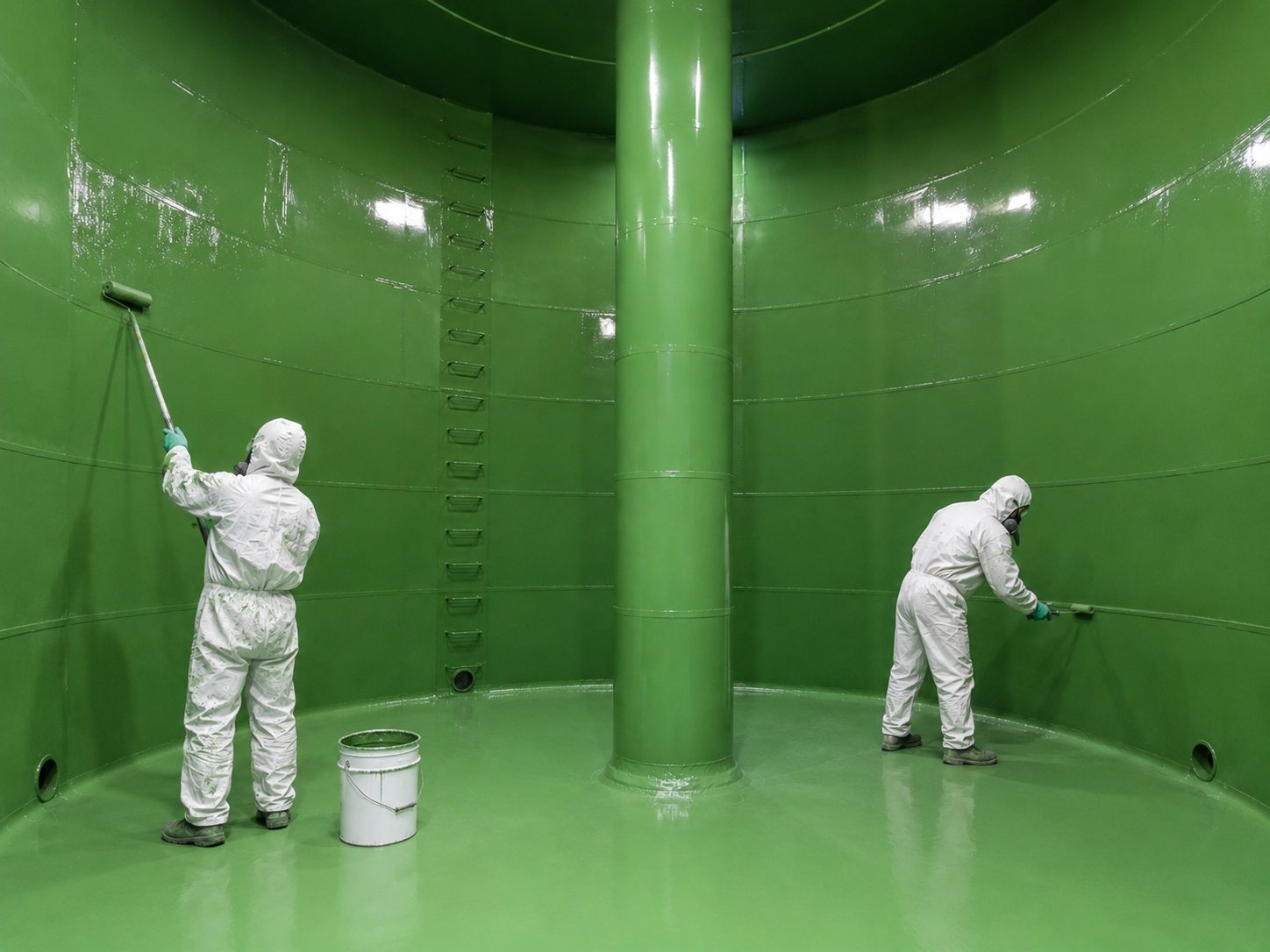 Zwei F+G-Fachkräfte applizieren die Innenbeschichtung in einem Trinkwasserbehälter