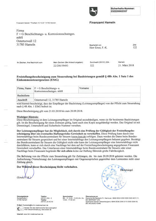 freistellungsbescheinigung f+g